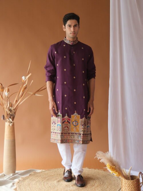 Men's Royal Purple Dori Daman Embroidered Kurta